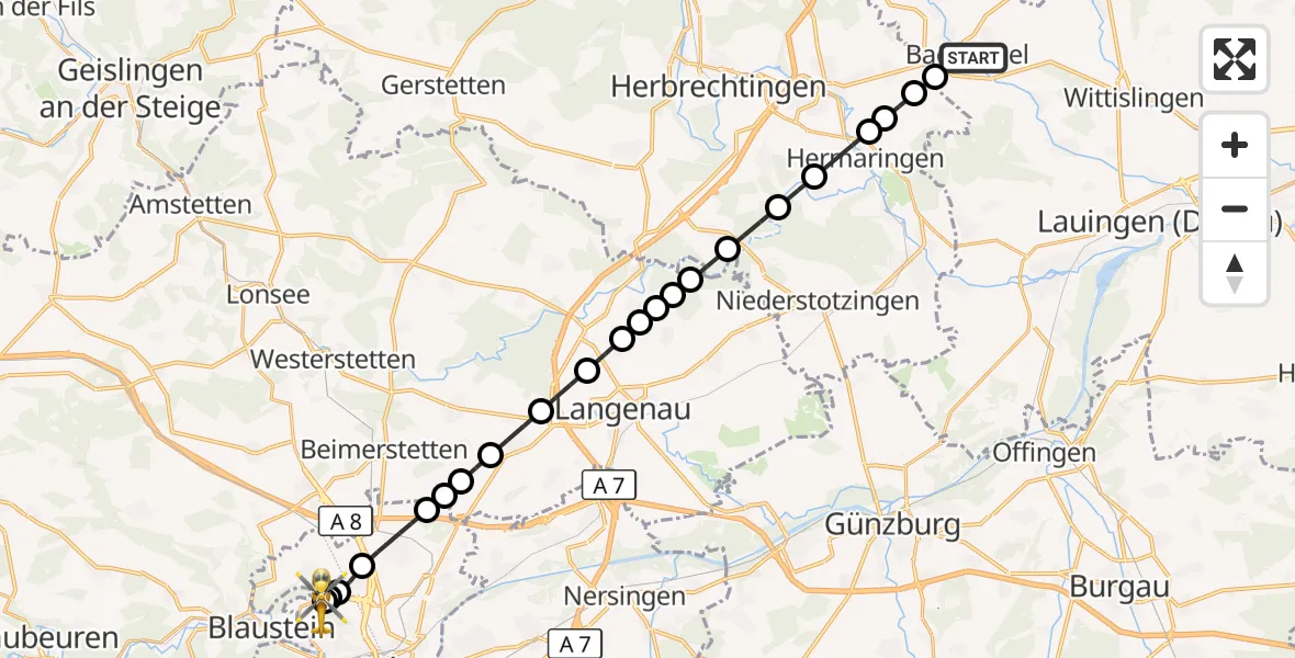 Flugroute Rettungshubschrauber Burghagel - Ulm Military Hospital Emergency, 10 März 2026, 10:37
