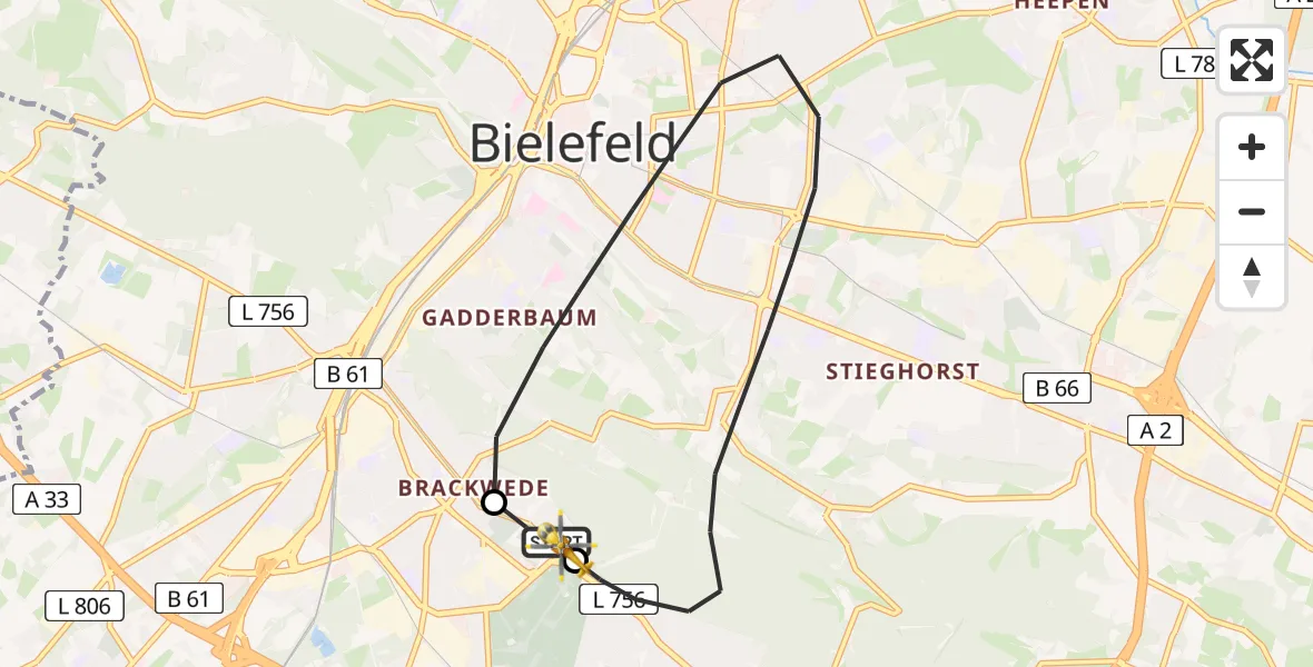 Flugroute Rettungshubschrauber Luftrettungszentrum Bielefeld - Luftrettungszentrum Bielefeld, 10 März 2026, 10:41