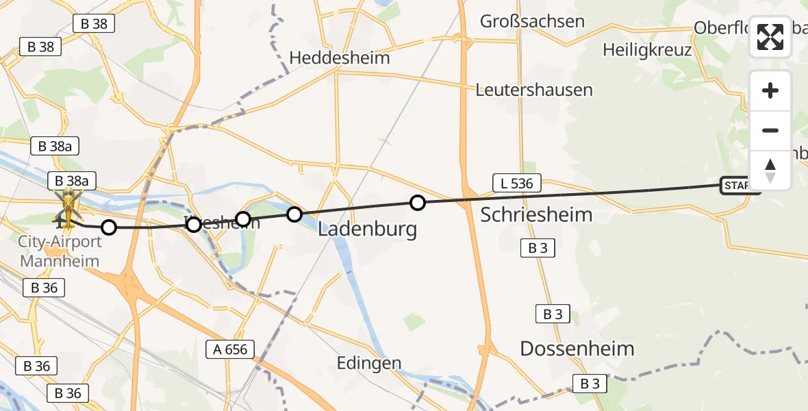 Flugroute Rettungshubschrauber Schriesheim - Mannheim-City Airport, 10 März 2026, 10:41