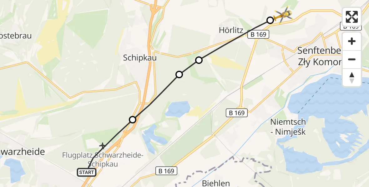 Flugroute Rettungshubschrauber Schwarzheide - Senftenberg, 10 März 2026, 10:43