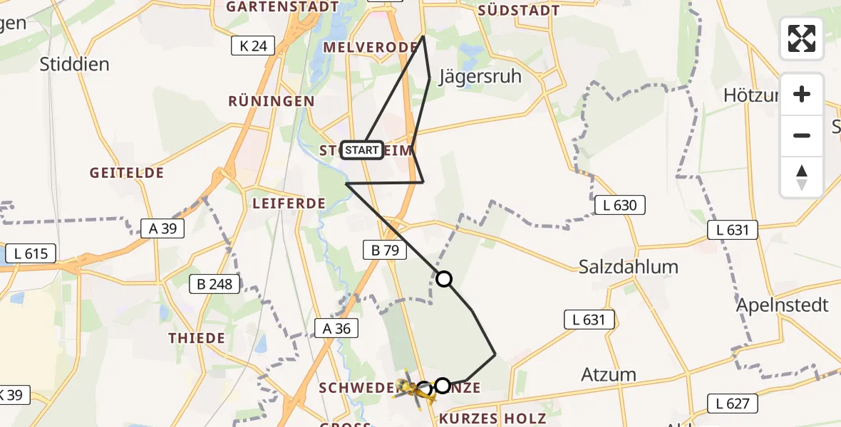 Flugroute Rettungshubschrauber Braunschweig-Süd - Wolfenbüttel Municipal Hospital Heliport (Christoph 30), 10 März 2026, 10:48