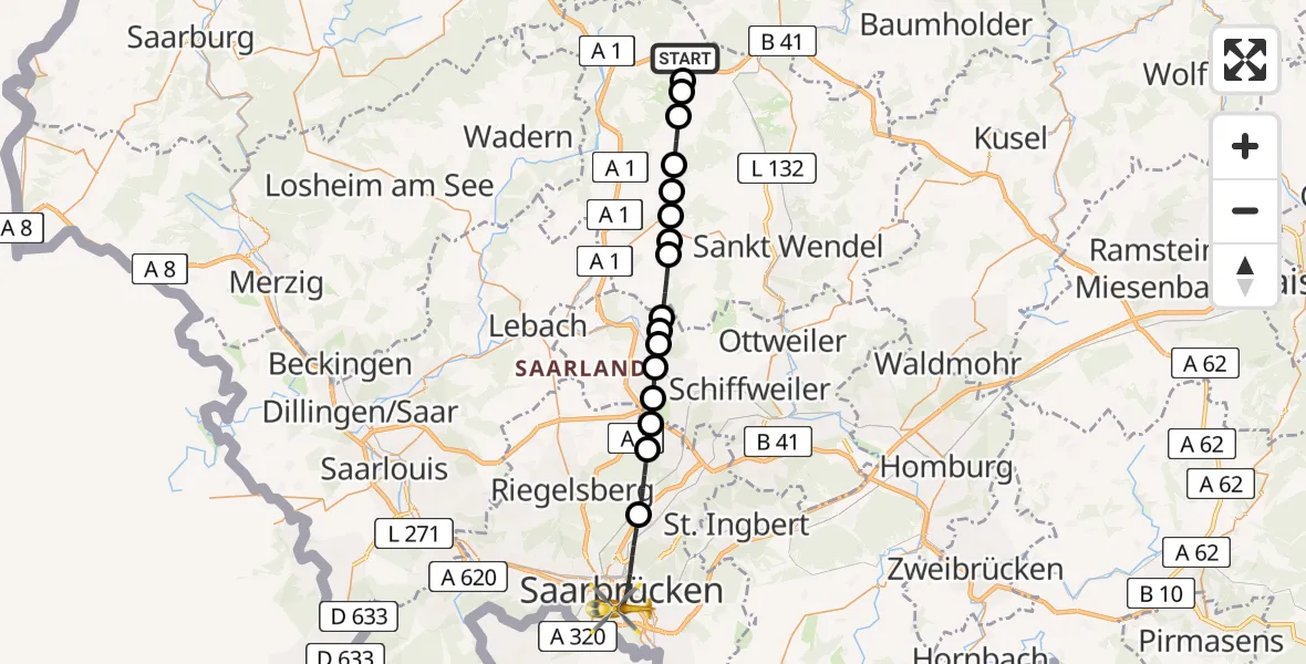 Routekaart van de vlucht: Rettungshubschrauber nach Saarbrücken, Winterberg