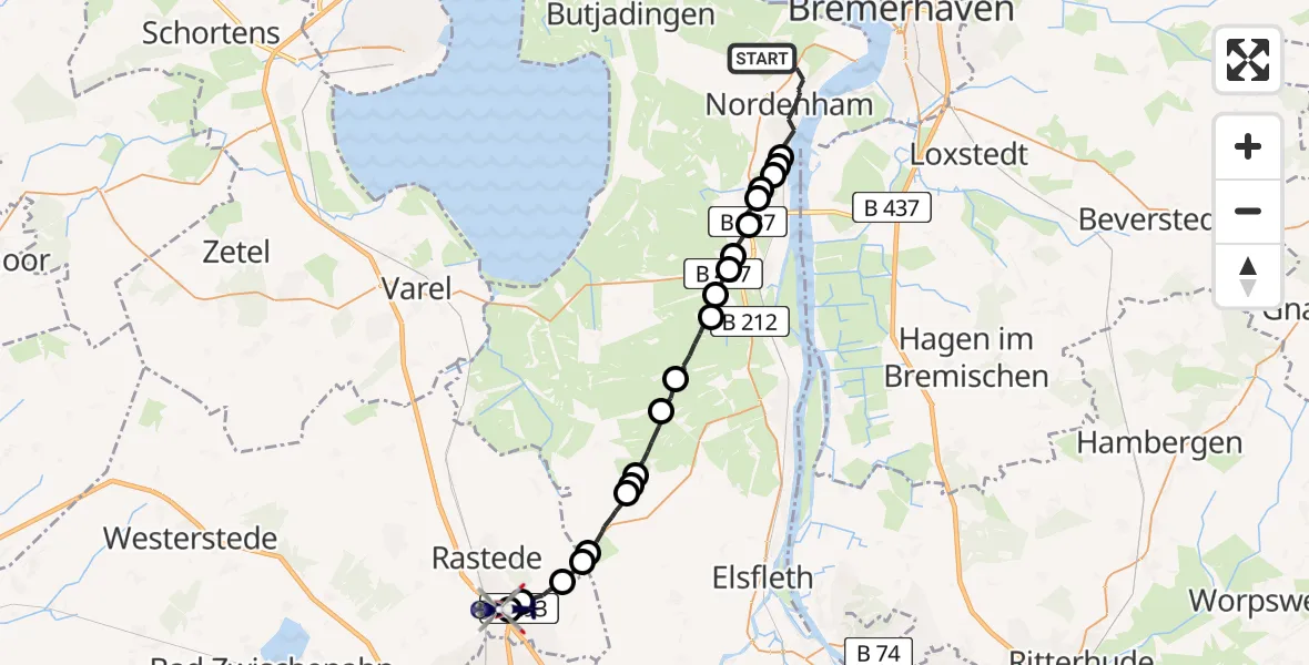 Flugroute Polizeihubschrauber Nordenham - Oldenburg Police Heliport, 10 März 2026, 10:54