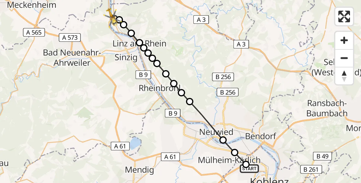 Flugroute Rettungshubschrauber Bubenheim - Unkel, 10 März 2026, 10:59