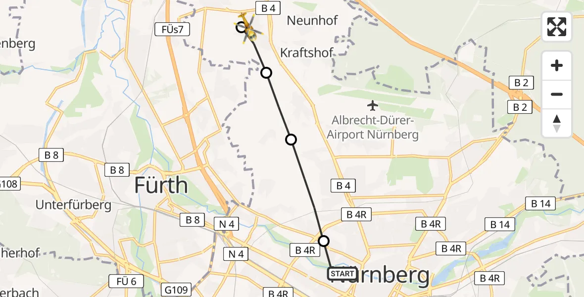 Flugroute Rettungshubschrauber Deutschherrnwiese Heliport - Nürnberg, 10 März 2026, 11:01