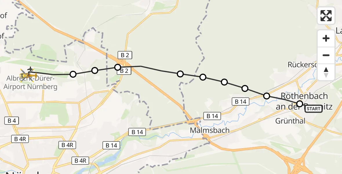 Flugroute Ambulanzhubschrauber Steinberg - Nuremberg Airport, 10 März 2026, 11:02
