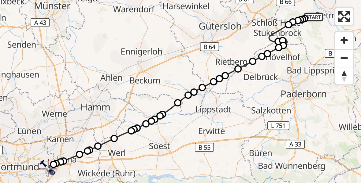 Flugroute Polizeihubschrauber Detmold - Dortmund Airport, 10 März 2026, 11:02