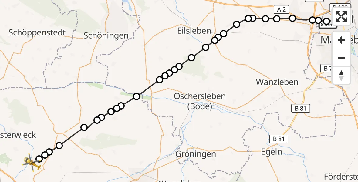 Flugroute Rettungshubschrauber Magdeburg Hospital - Wasserleben, 10 März 2026, 11:09