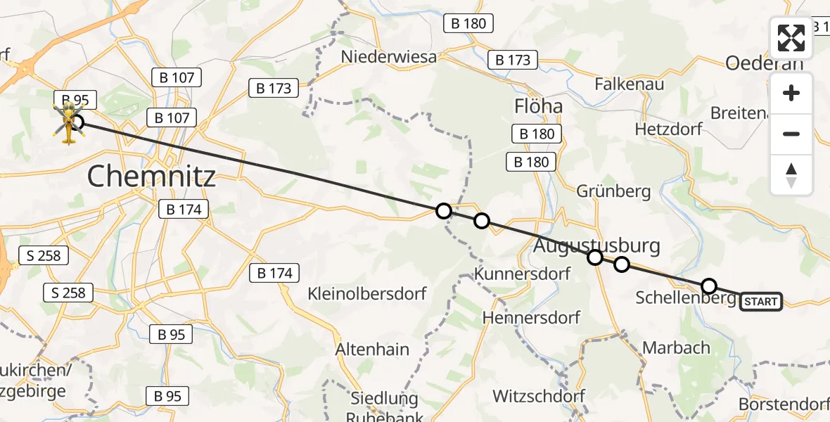 Flugroute Rettungshubschrauber Leubsdorf - Flemmingstraße Hospital Rooftop, 10 März 2026, 11:11