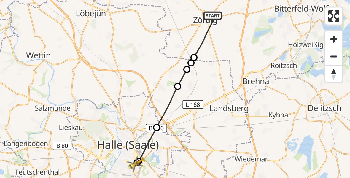 Flugroute Rettungshubschrauber Zörbig - BG Hospital Bergmannstrost Halle, 10 März 2026, 11:13