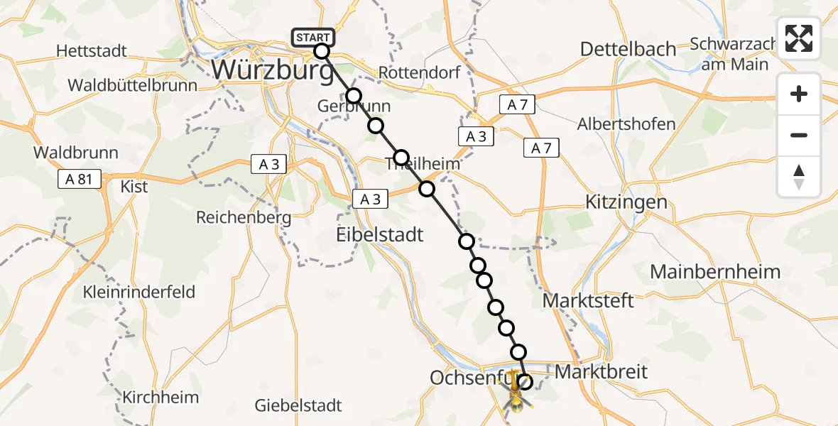 Routekaart van de vlucht: Rettungshubschrauber nach Ochsenfurt Hospital
