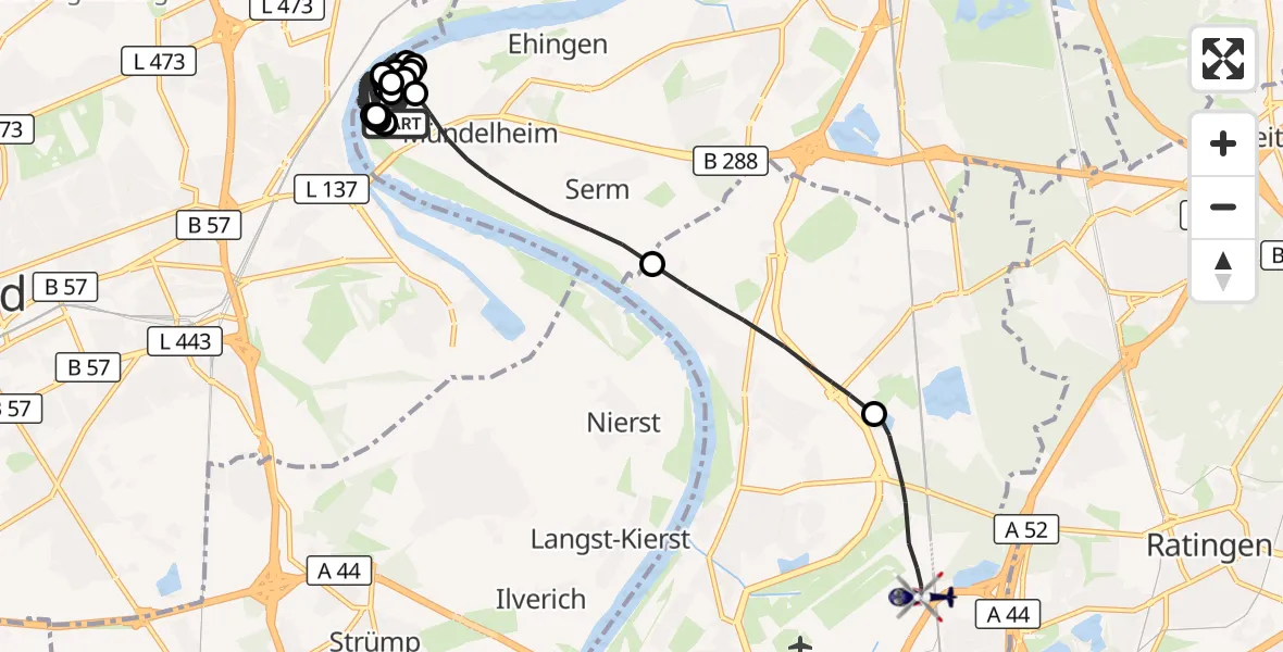 Flugroute Polizeihubschrauber Mündelheim - Düsseldorf Airport, 10 März 2026, 11:16
