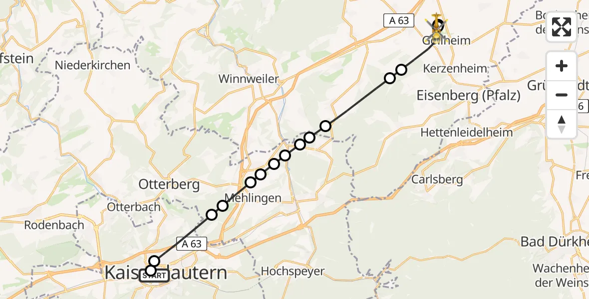 Flugroute Rettungshubschrauber Westpfalz Hospital Kaiserslautern - Göllheim, 10 März 2026, 11:19
