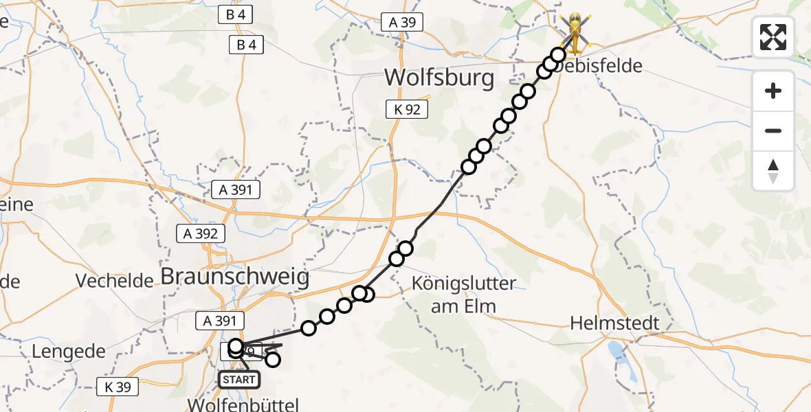 Flugroute Rettungshubschrauber Wolfenbüttel - Breitenrode, 10 März 2026, 11:22