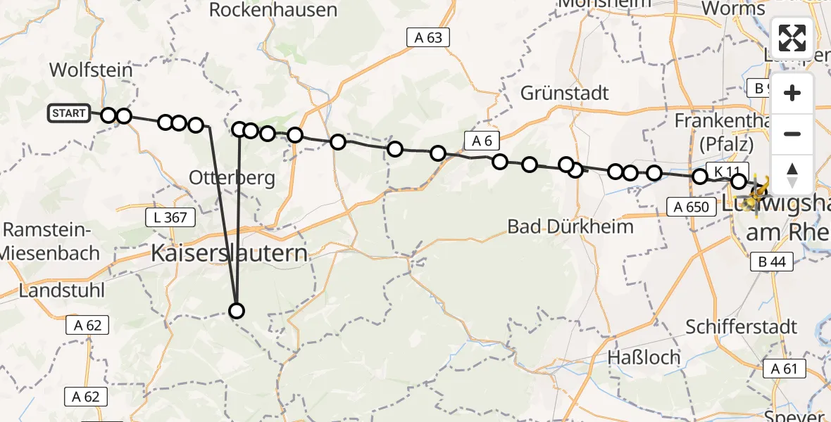 Routekaart van de vlucht: Rettungshubschrauber nach Ludwigshafen Accident Hospital