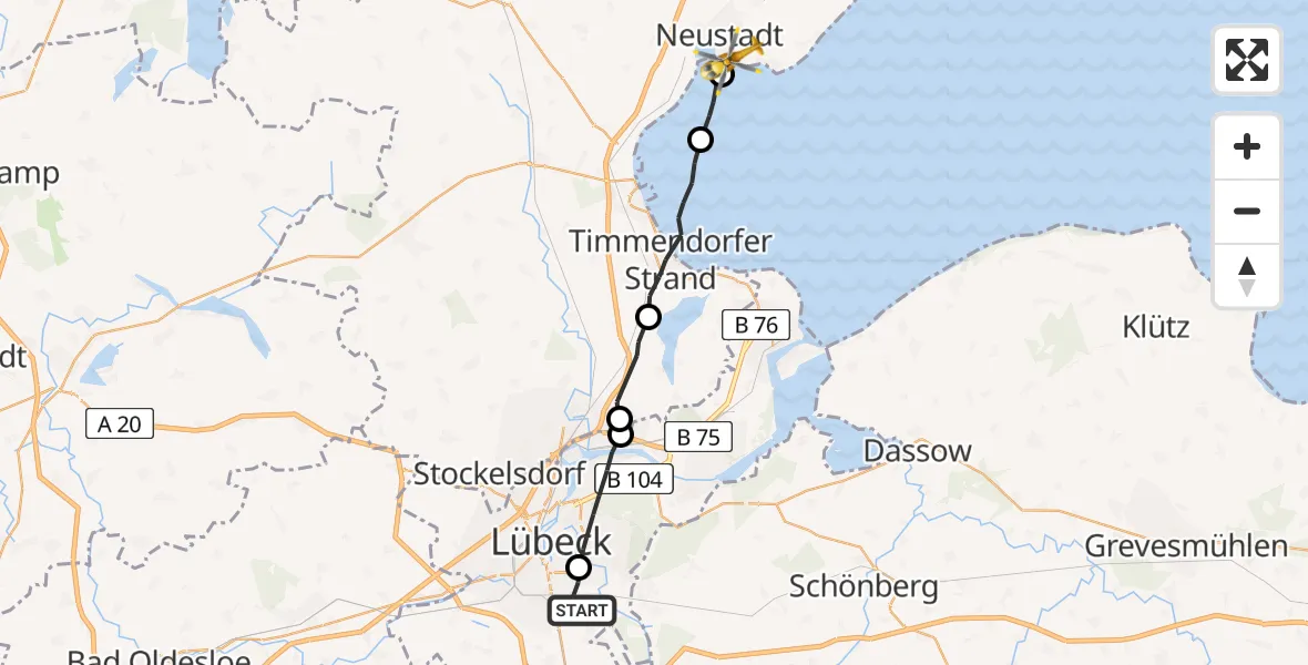 Flugroute Rettungshubschrauber Sankt Jürgen - Neustadt in Holstein, 10 März 2026, 11:28