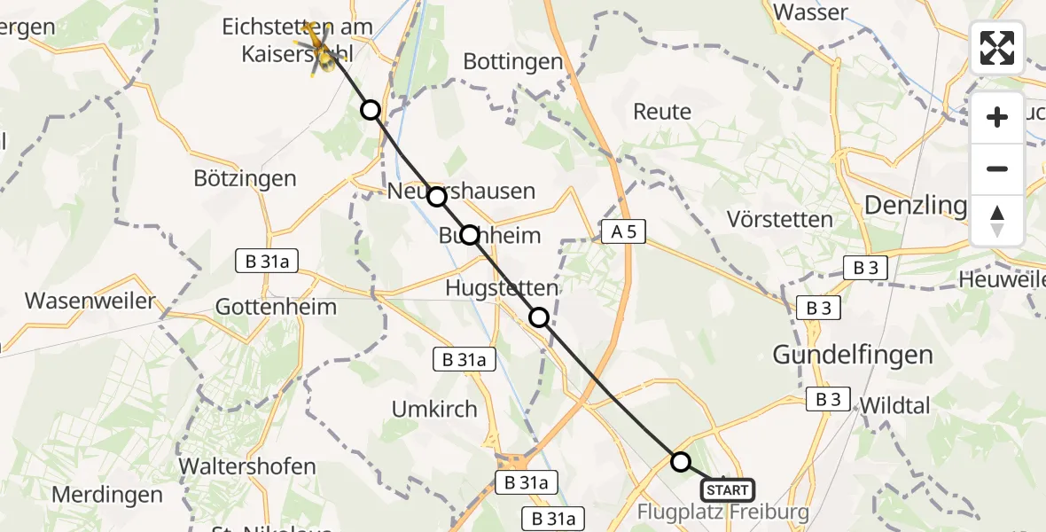 Flugroute Rettungshubschrauber Freiburg im Breisgau Airfield - Eichstetten am Kaiserstuhl, 10 März 2026, 11:32