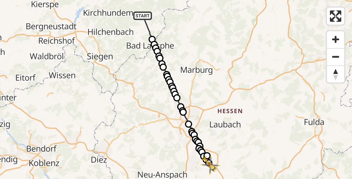 Flugroute Ambulanzhubschrauber Bad Berleburg - Reichelsheim, 10 März 2026, 11:32