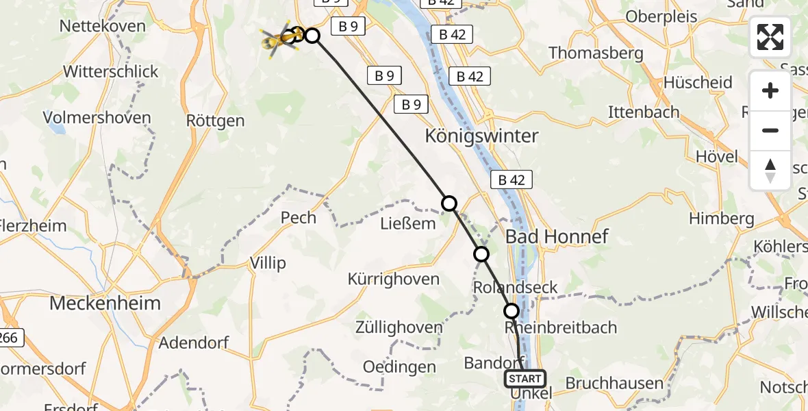 Flugroute Rettungshubschrauber Oberwinter - Bonn University Hospital, 10 März 2026, 11:34