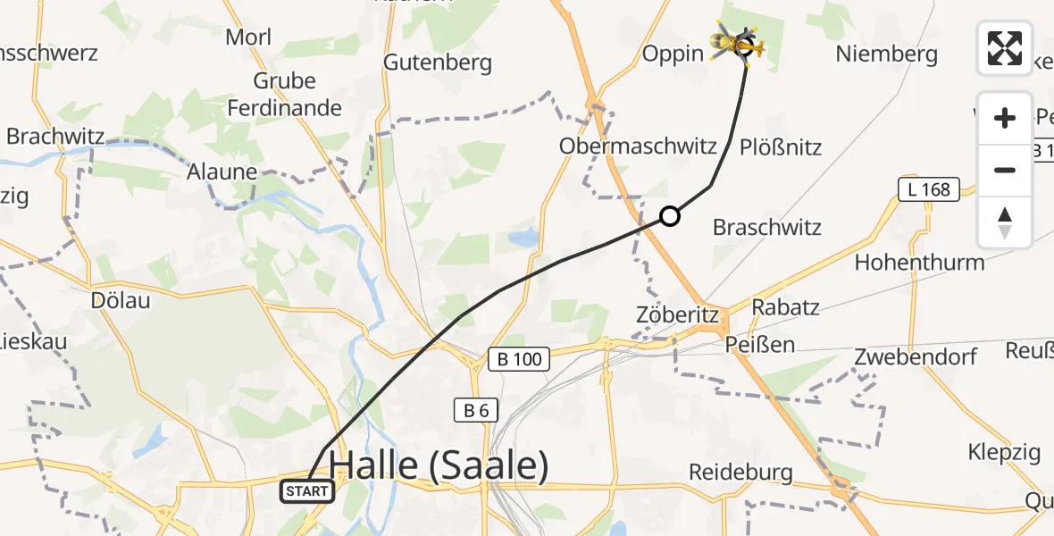 Flugroute Ambulanzhubschrauber Halle (Saale) - Halle-Oppin Airfield, 10 März 2026, 11:44