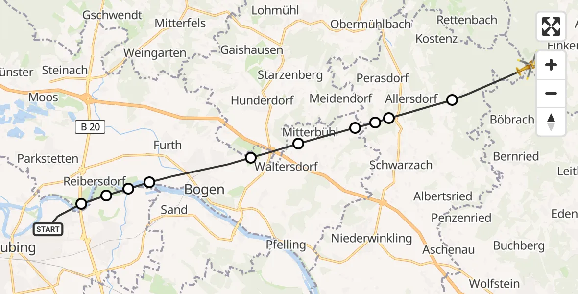 Flugroute Rettungshubschrauber Straubing - Achslach, 10 März 2026, 11:49