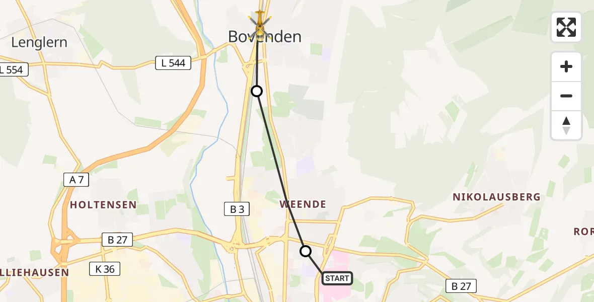 Flugroute Rettungshubschrauber Göttingen University Clinic Heliport - Bovenden, 10 März 2026, 11:54