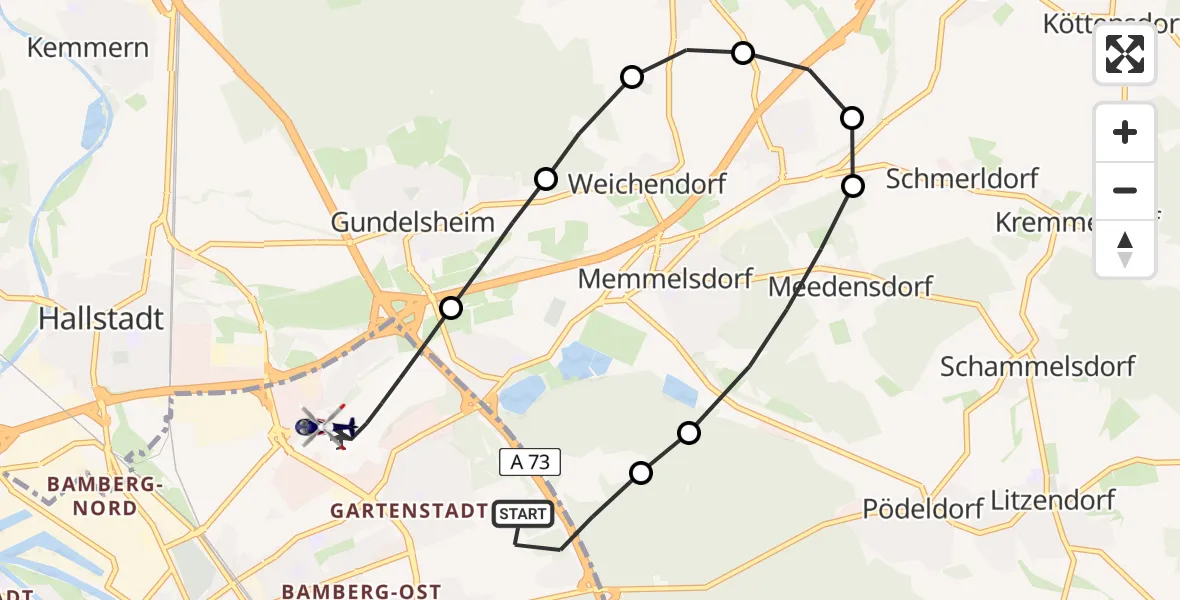 Flugroute Polizeihubschrauber Bamberg - Bamberg-Breitenau Airfield, 10 März 2026, 11:56