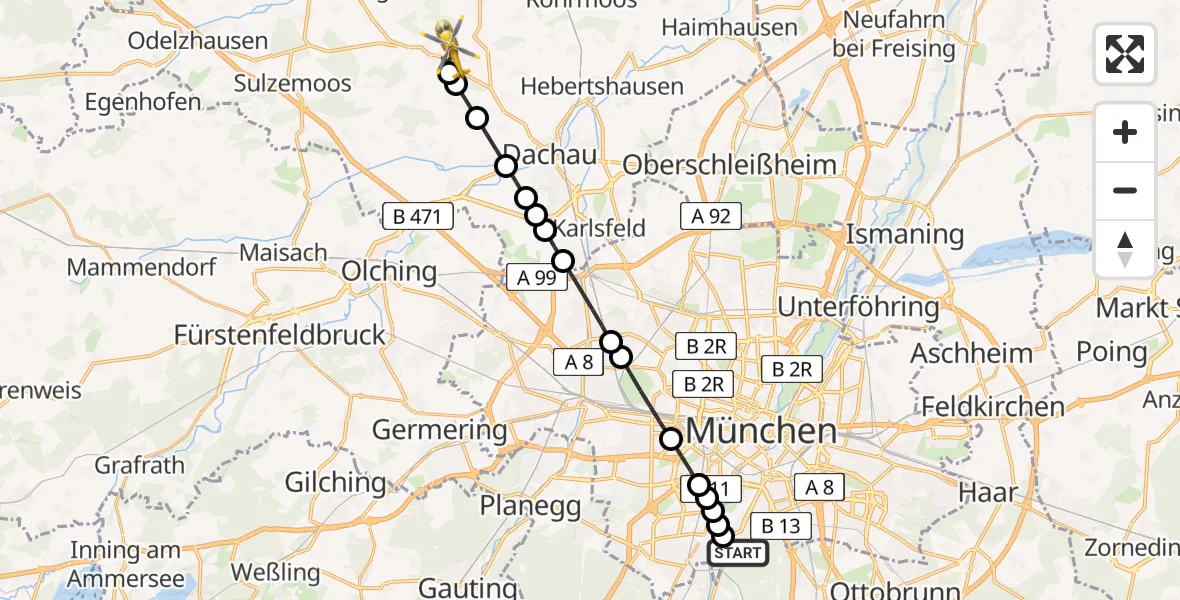 Flugroute Rettungshubschrauber ADAC Air Rescue Center Heliport (Christoph 1) - Stetten, 10 März 2026, 11:57