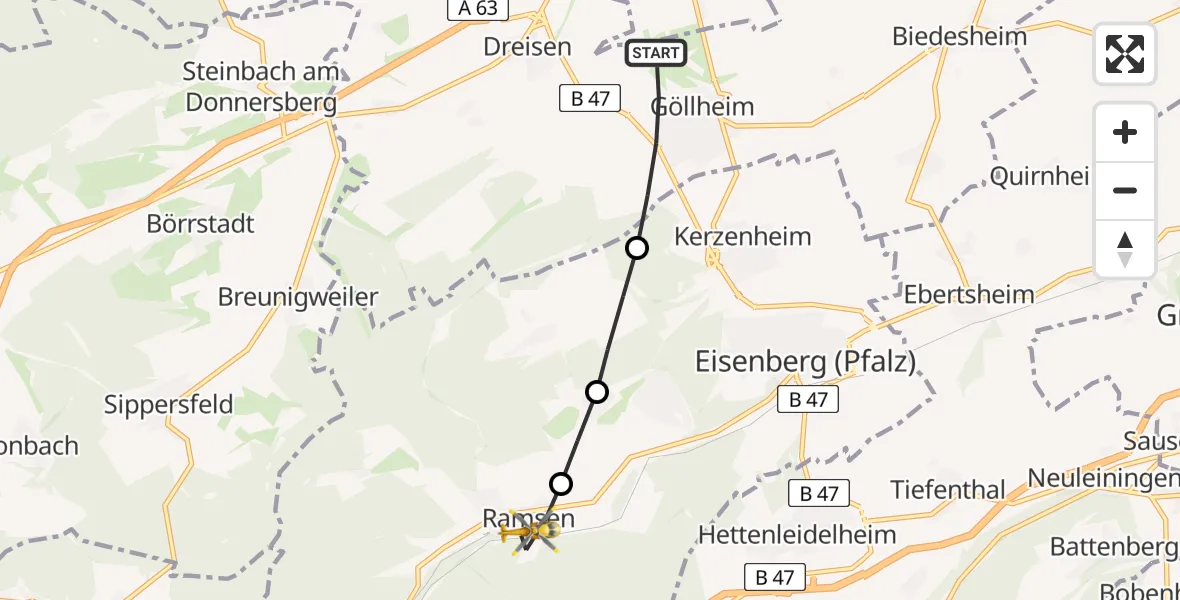 Flugroute Rettungshubschrauber Göllheim - Ramsen, 10 März 2026, 11:57