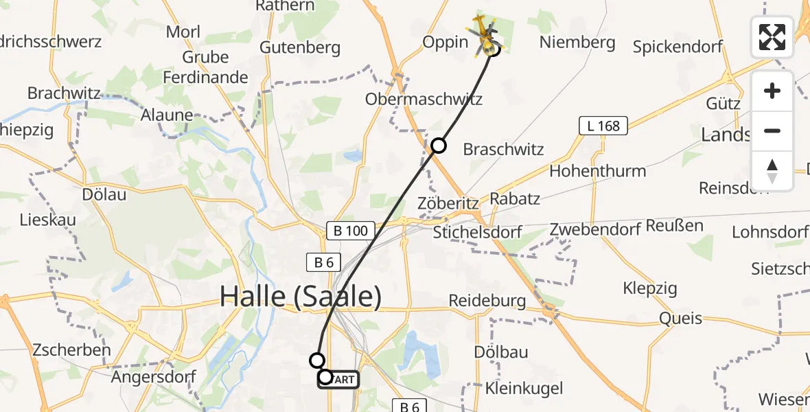 Flugroute Rettungshubschrauber BG Hospital Bergmannstrost Halle - Halle-Oppin Airfield, 10 März 2026, 11:58