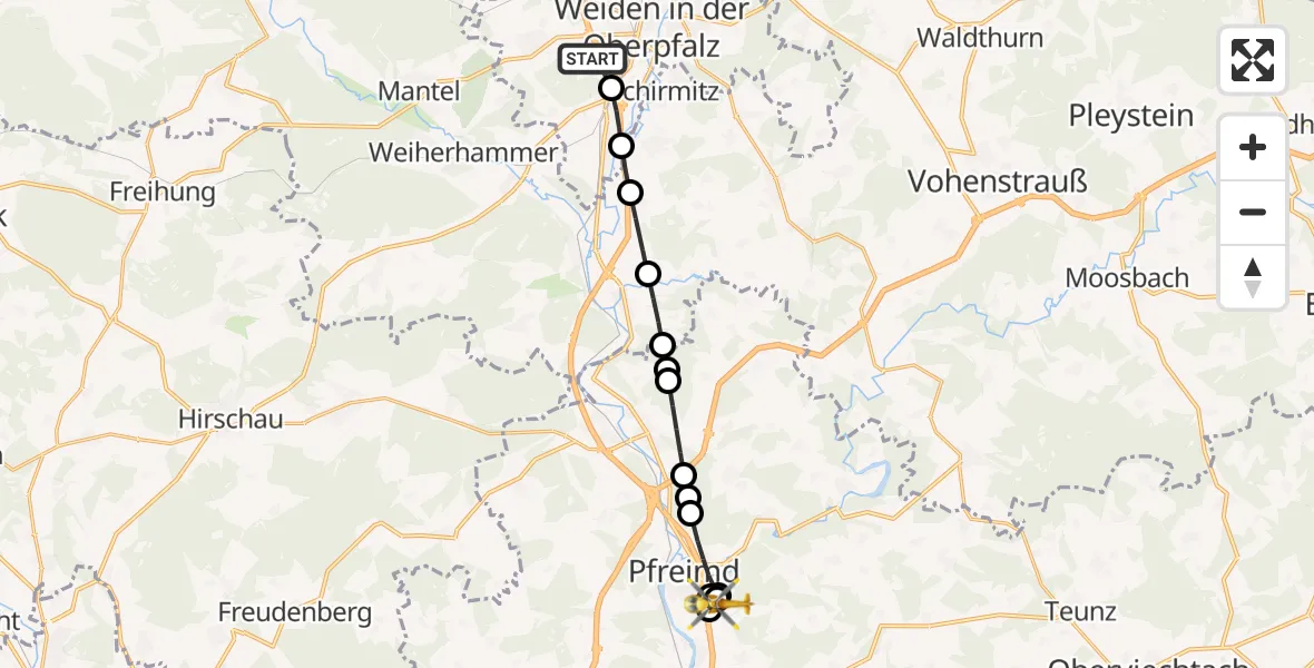 Flugroute Rettungshubschrauber Weiden in der Oberpfalz - Pfreimd, 10 März 2026, 11:59