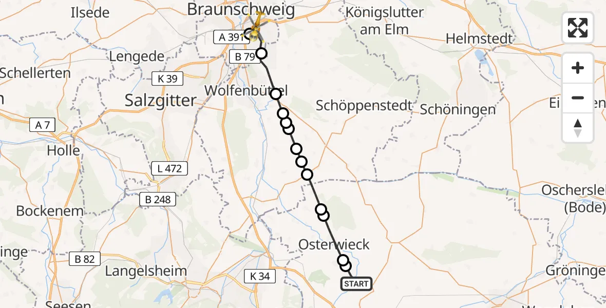 Flugroute Rettungshubschrauber Wasserleben - Südstadt-Rautheim-Mascherode, 10 März 2026, 12:03