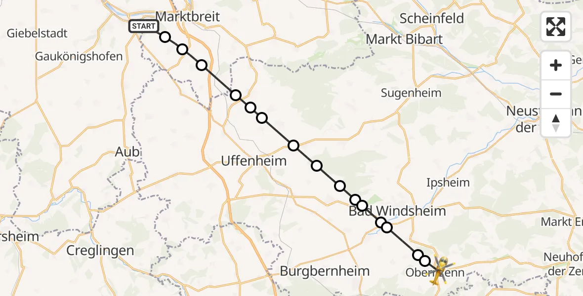Flugroute Rettungshubschrauber Ochsenfurt Hospital - Unternzenn, 10 März 2026, 12:06
