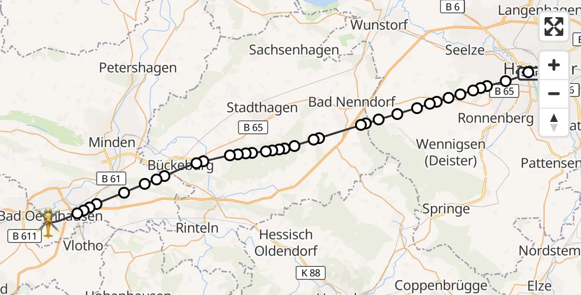 Flugroute Ambulanzhubschrauber Mitte - Bad Oeynhausen, 10 März 2026, 12:10