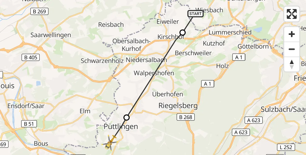 Flugroute Rettungshubschrauber Eppelborn - Püttlingen, 10 März 2026, 12:19