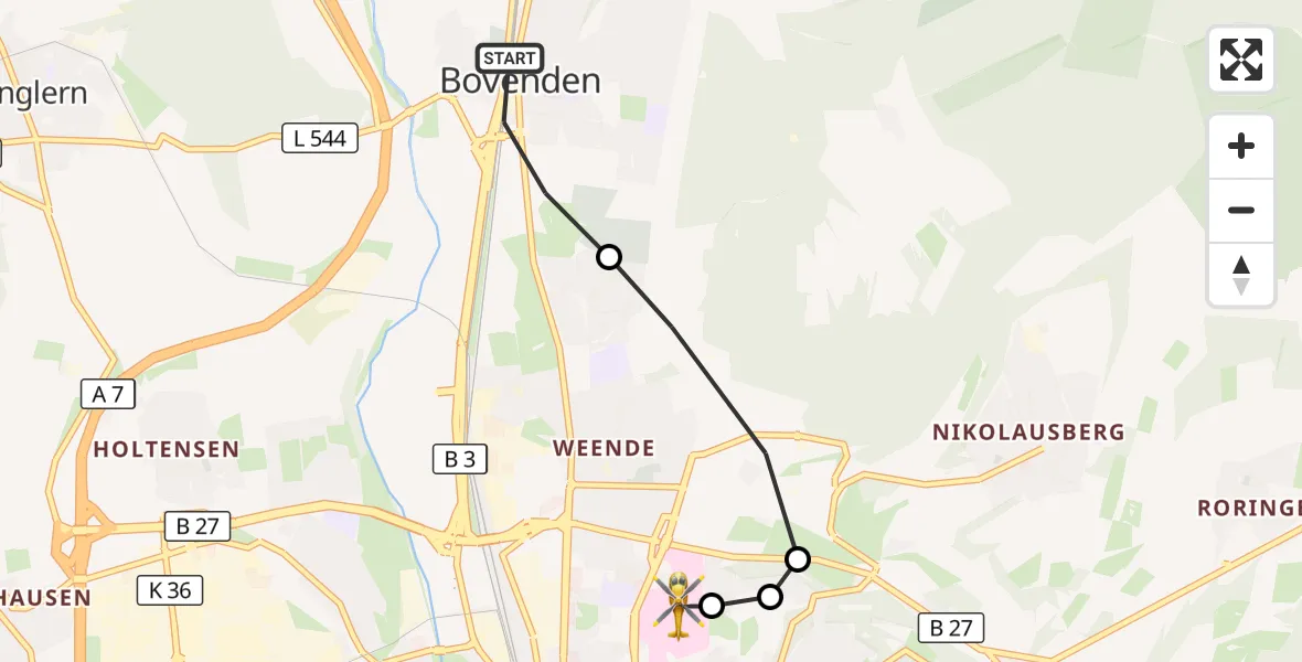 Flugroute Rettungshubschrauber Bovenden - Göttingen University Clinic Heliport, 10 März 2026, 12:20