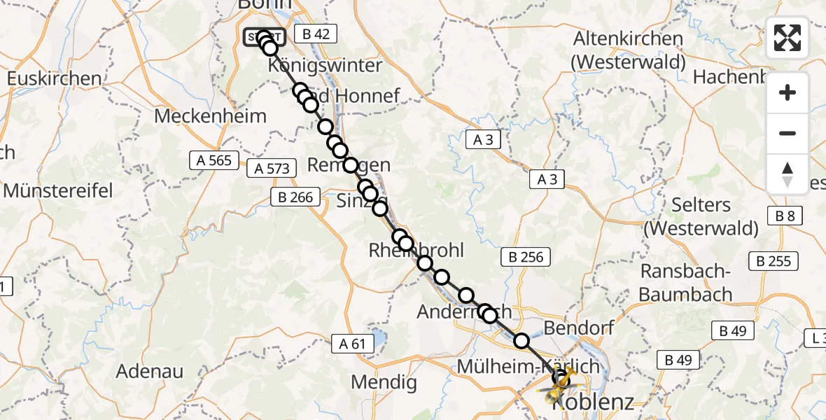 Flugroute Rettungshubschrauber Bonn University Hospital - Koblenz, 10 März 2026, 12:21