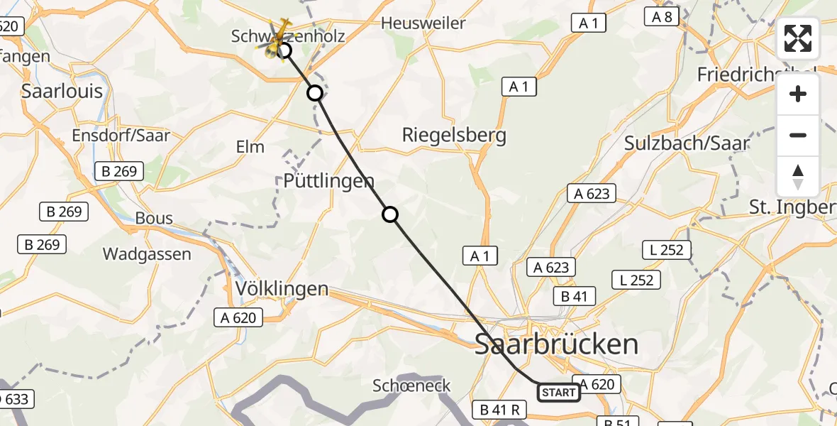 Flugroute Rettungshubschrauber Saarbrücken - Saarwellingen, 10 März 2026, 12:22