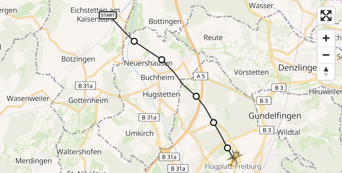 Flugroute Rettungshubschrauber Eichstetten am Kaiserstuhl - Freiburg im Breisgau Airfield, 10 März 2026, 12:24