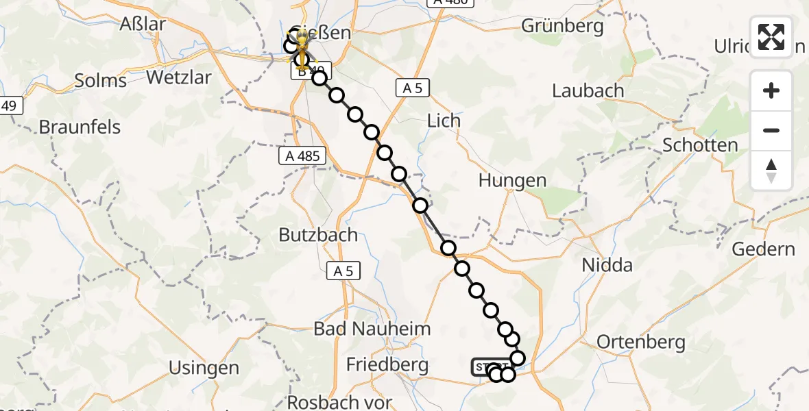 Flugroute Rettungshubschrauber Reichelsheim Airfield - Gießen, 10 März 2026, 12:27