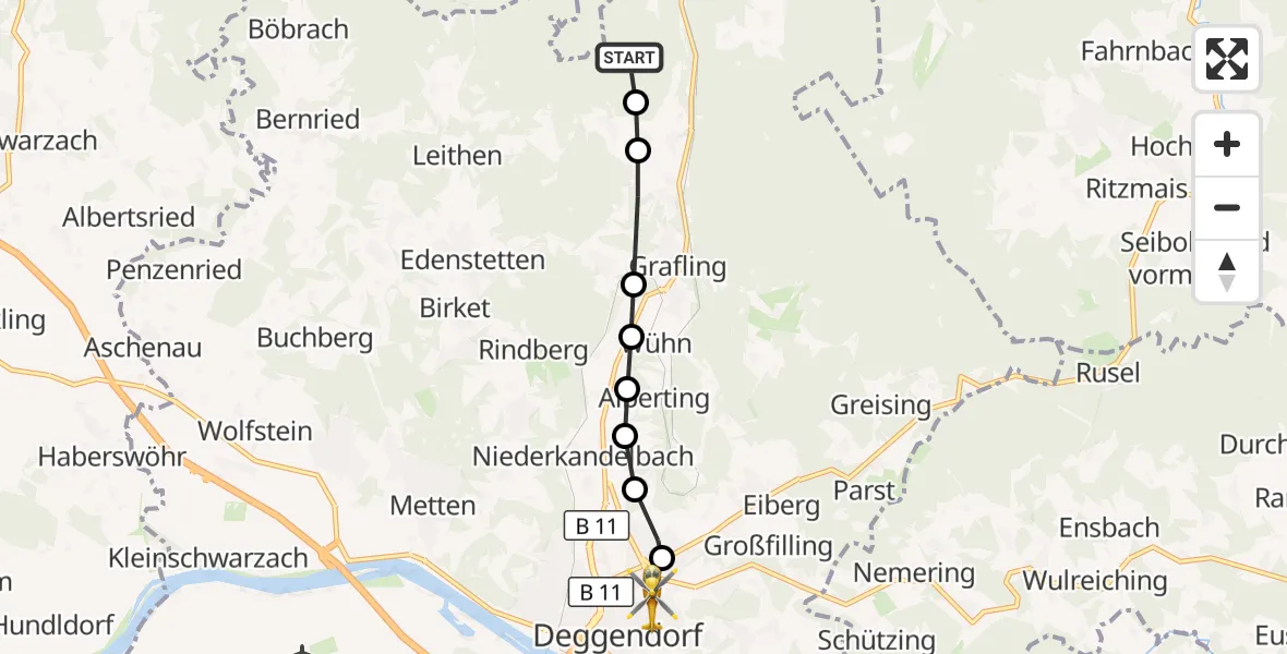 Flugroute Rettungshubschrauber Gotteszell - Kleinfilling, 10 März 2026, 12:28