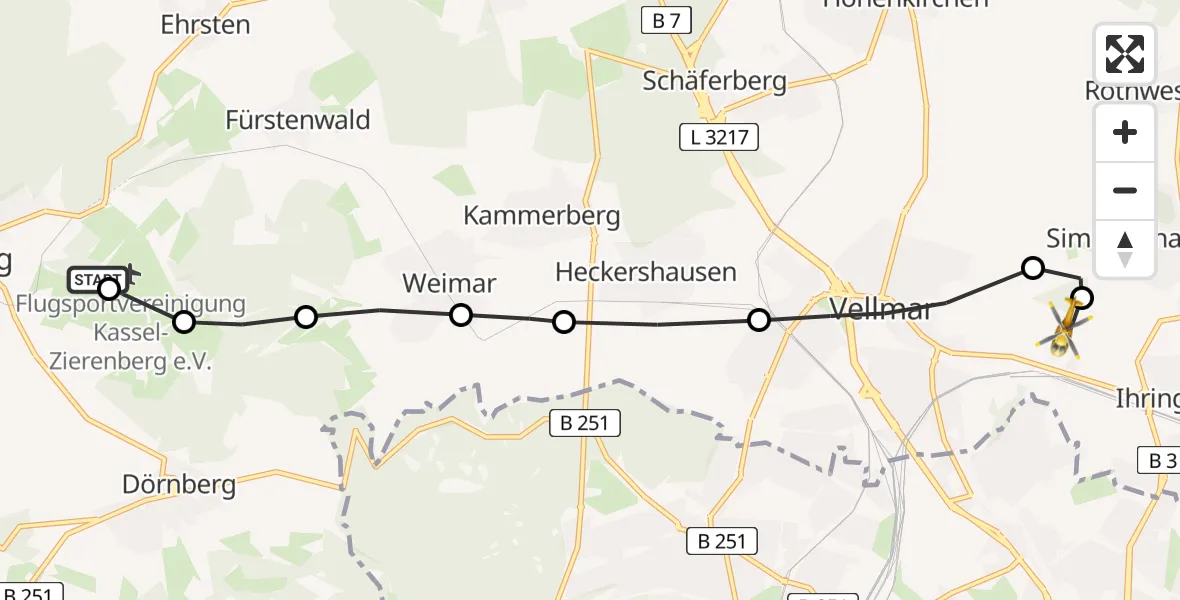 Flugroute Rettungshubschrauber Zierenberg - Fuldatal Federal Police Heliport, 10 März 2026, 12:34