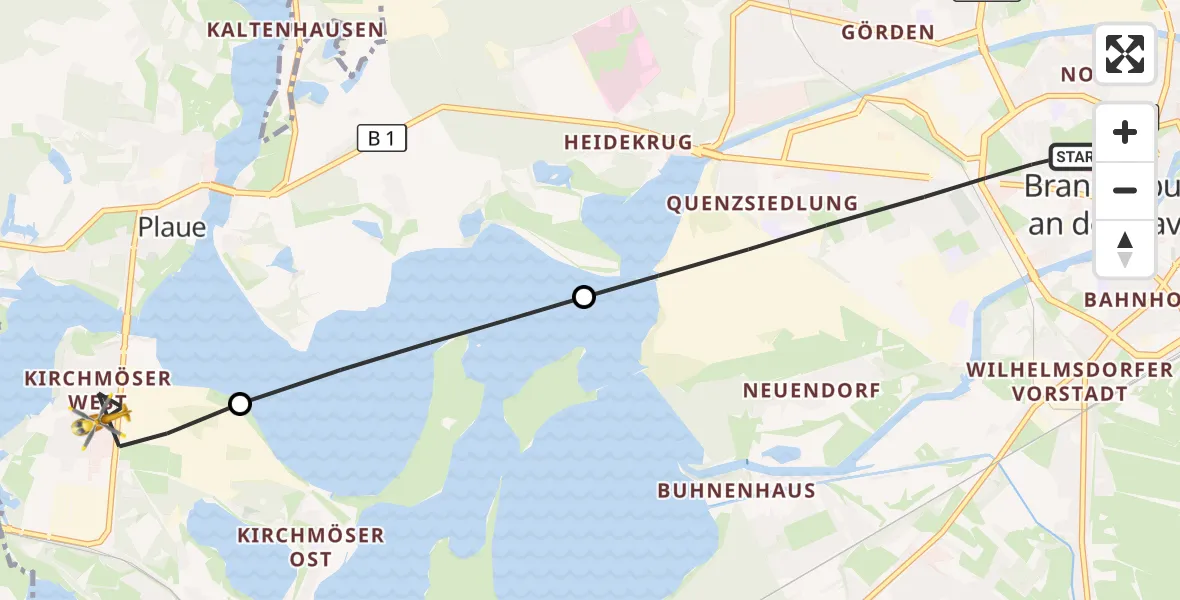 Flugroute Rettungshubschrauber Brandenburg an der Havel - Kirchmöser, 10 März 2026, 12:37