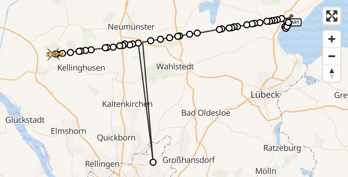 Flugroute Rettungshubschrauber Neustadt in Holstein - Itzehoe Hungriger Wolf Airfield, 10 März 2026, 12:39