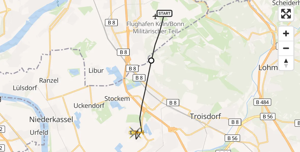 Flugroute Rettungshubschrauber Cologne Bonn Airport - Troisdorf, 10 März 2026, 12:46