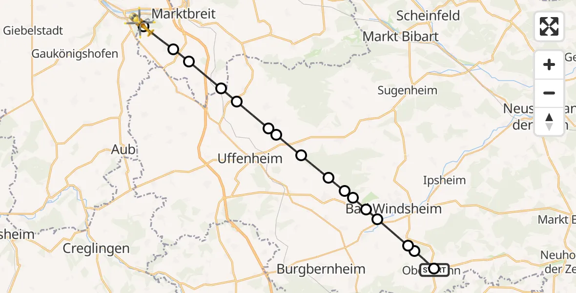 Flugroute Rettungshubschrauber Unternzenn - Ochsenfurt Hospital Heliport, 10 März 2026, 12:48