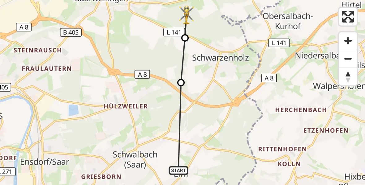 Flugroute Rettungshubschrauber Elm - Saarwellingen, 10 März 2026, 12:49