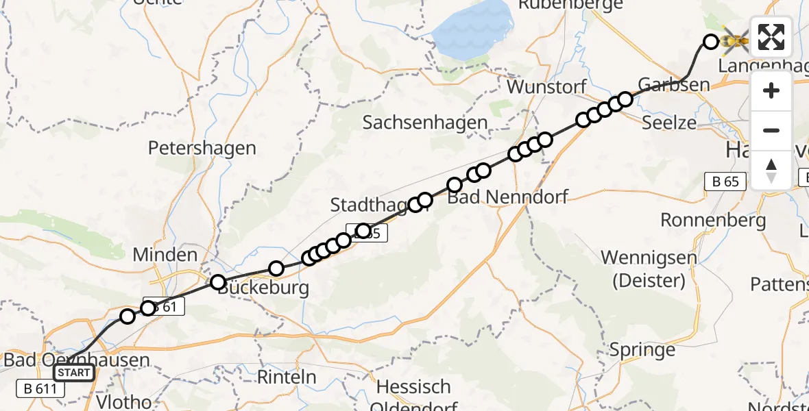 Flugroute Ambulanzhubschrauber Bad Oeynhausen - Hannover Airport, 10 März 2026, 13:00