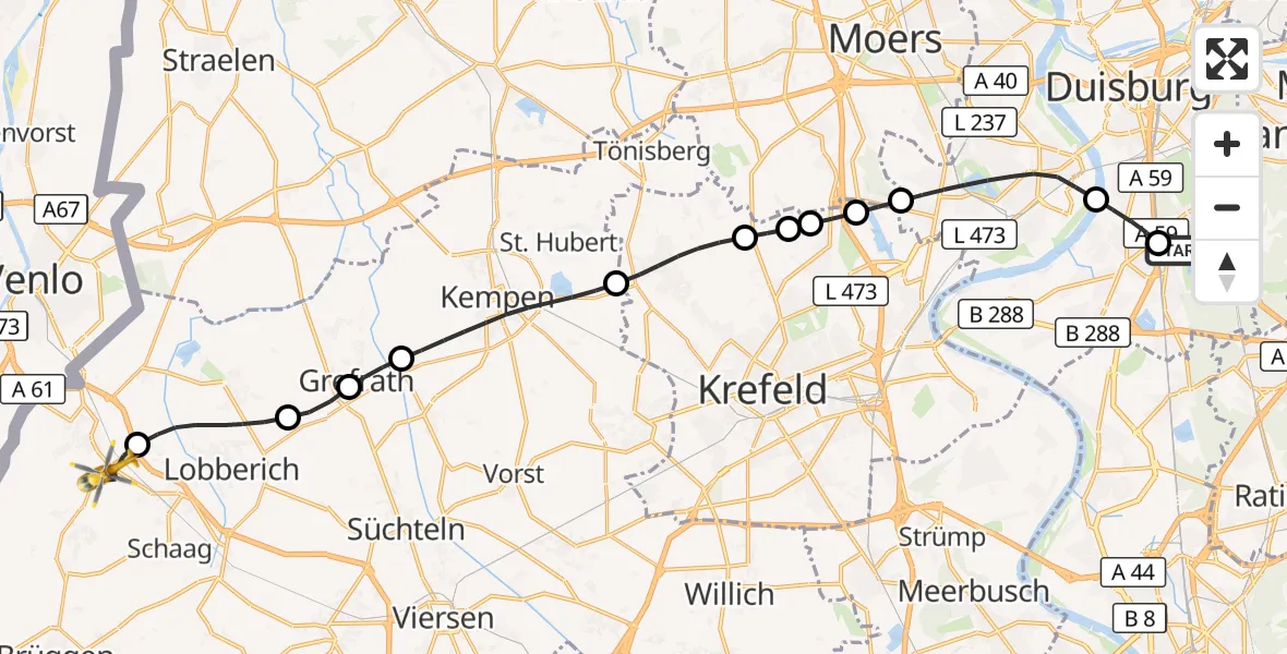 Flugroute Rettungshubschrauber Duisburg Air Rescue Heliport (Christoph 9) - Kaldenkirchen, 10 März 2026, 13:02