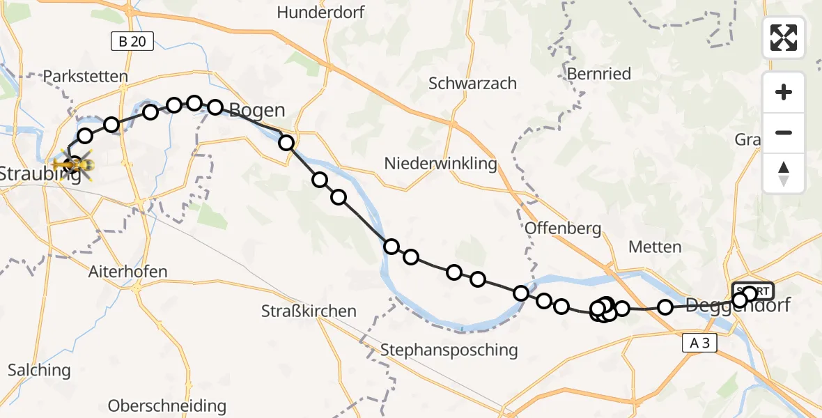 Flugroute Rettungshubschrauber Kleinfilling - Sankt Elisabeth Hospital Straubing, 10 März 2026, 13:03